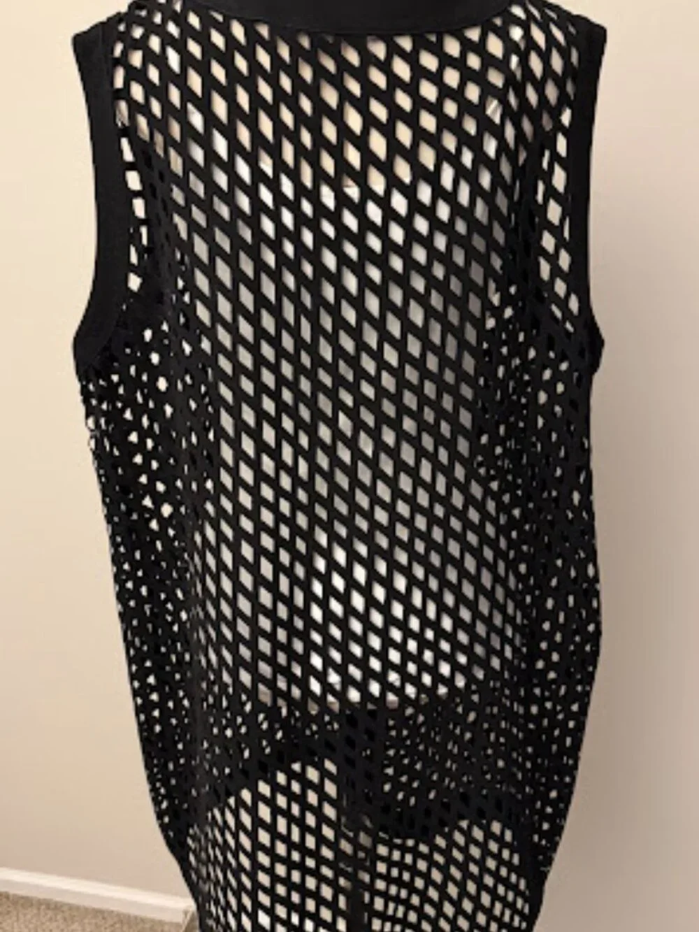 Black sleeveless knitted mesh cardigan (beach cover-up), size L–XL